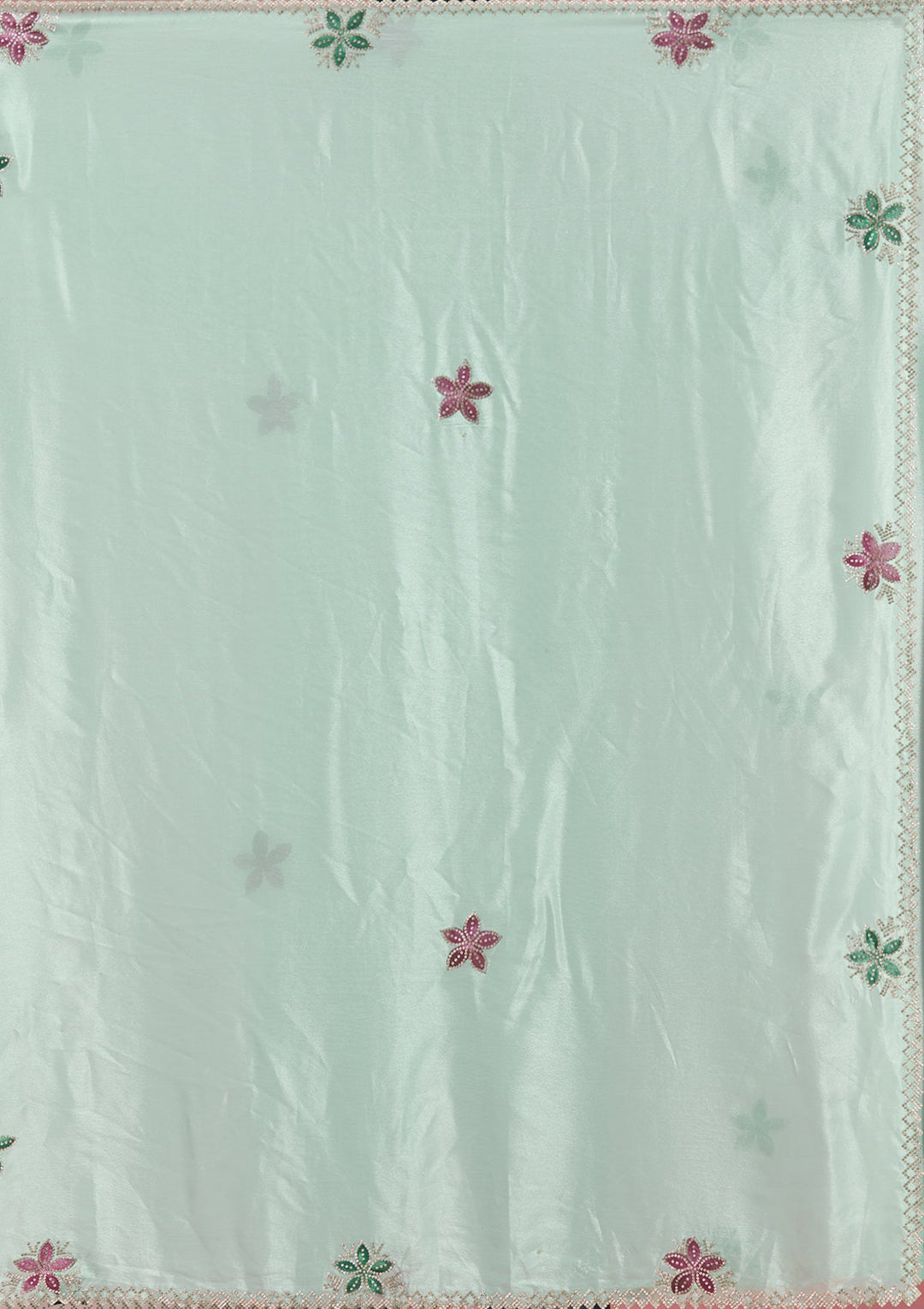 Sea Green Stonework (Silver) Satin Saree-Koskii