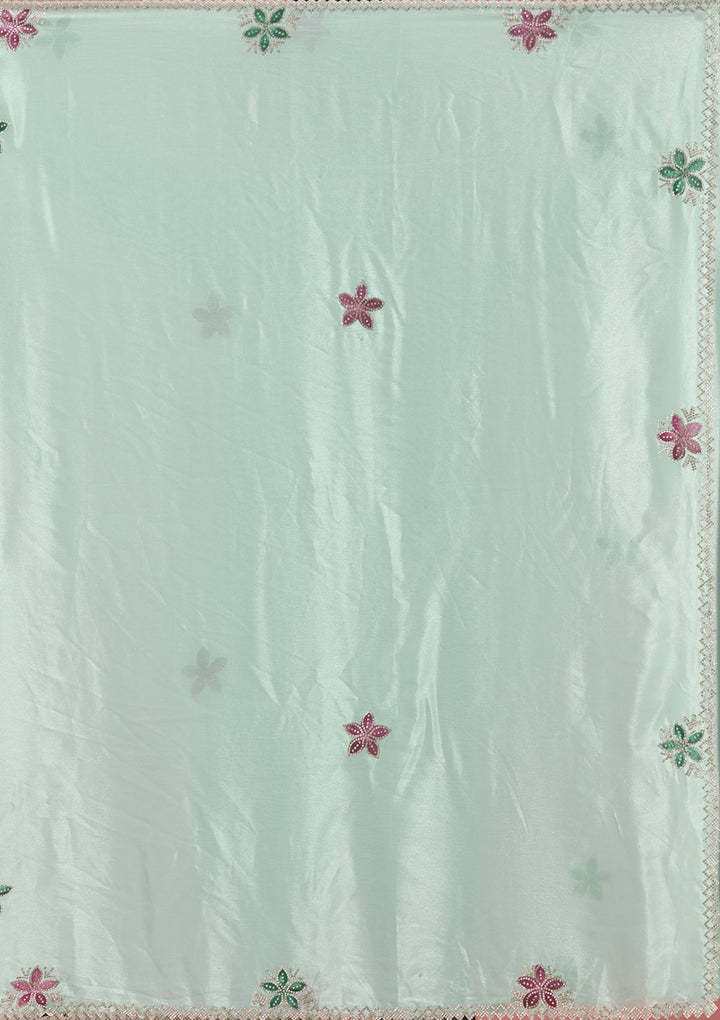 Sea Green Stonework (Silver) Satin Saree-Koskii