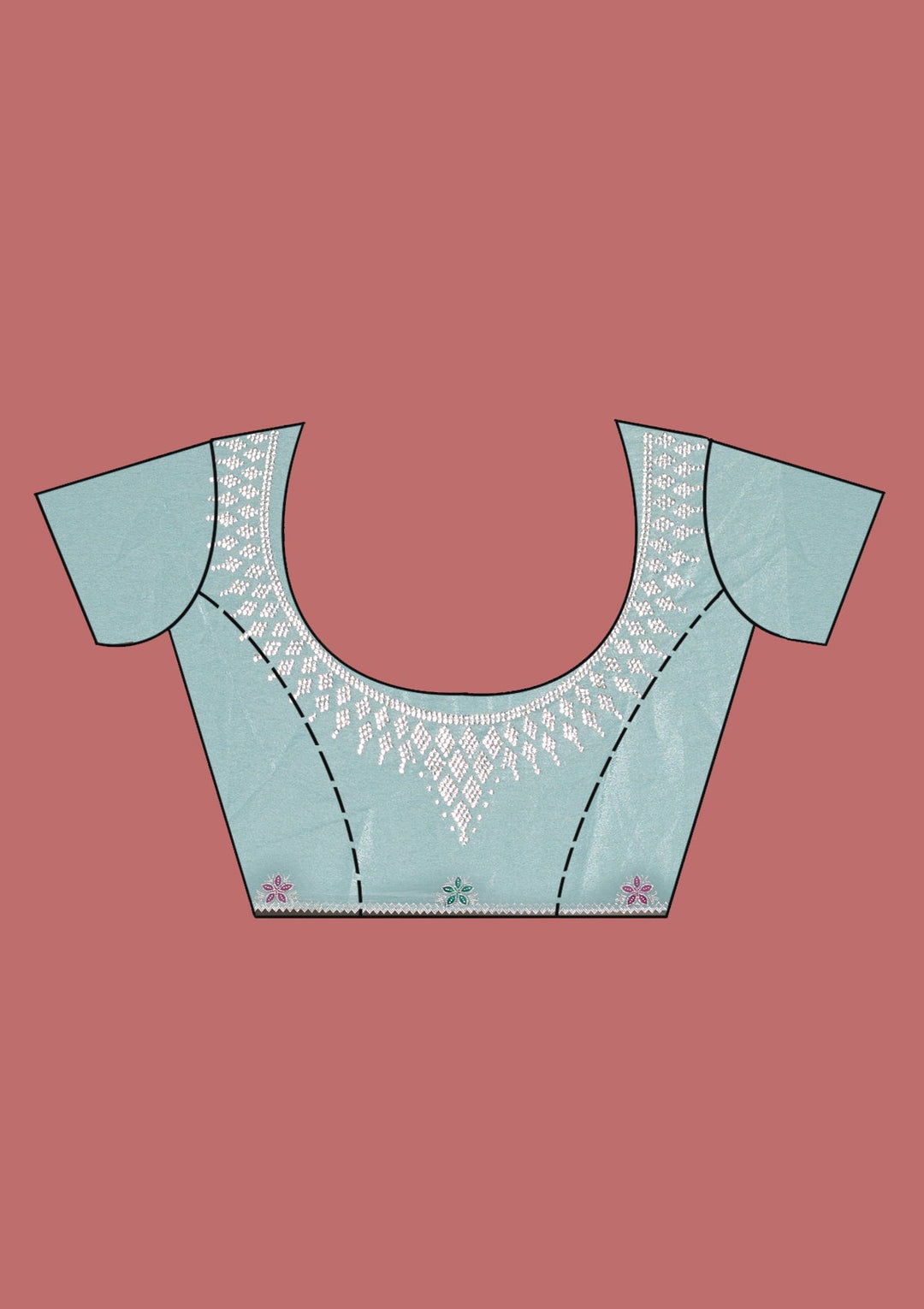 Sea Green Stonework (Silver) Satin Saree-Koskii