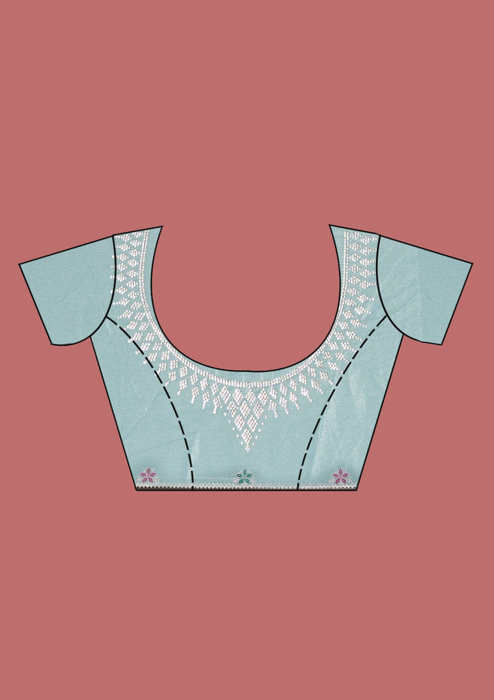 Sea Green Stonework (Silver) Satin Saree-Koskii