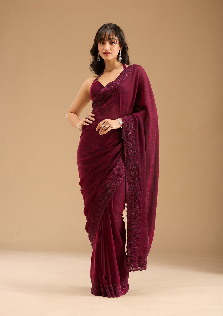 Purple Threadwork Chiffon Saree-koskii