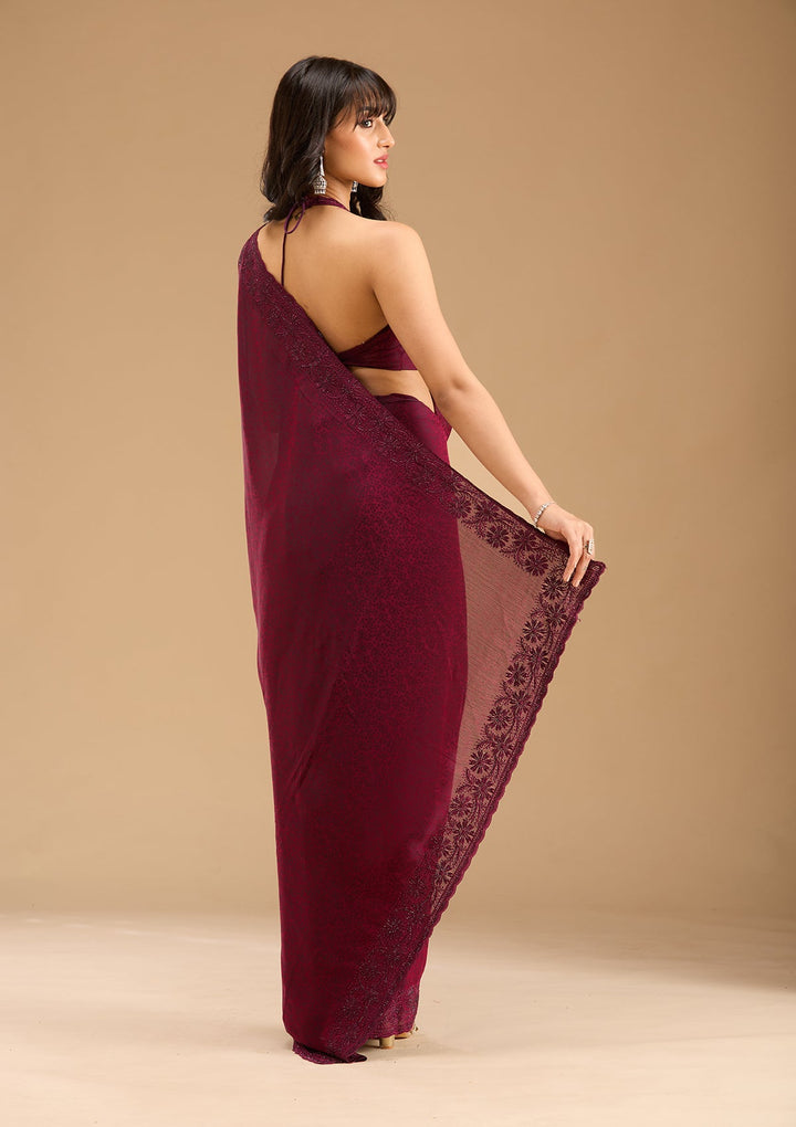 Purple Threadwork Chiffon Saree-koskii