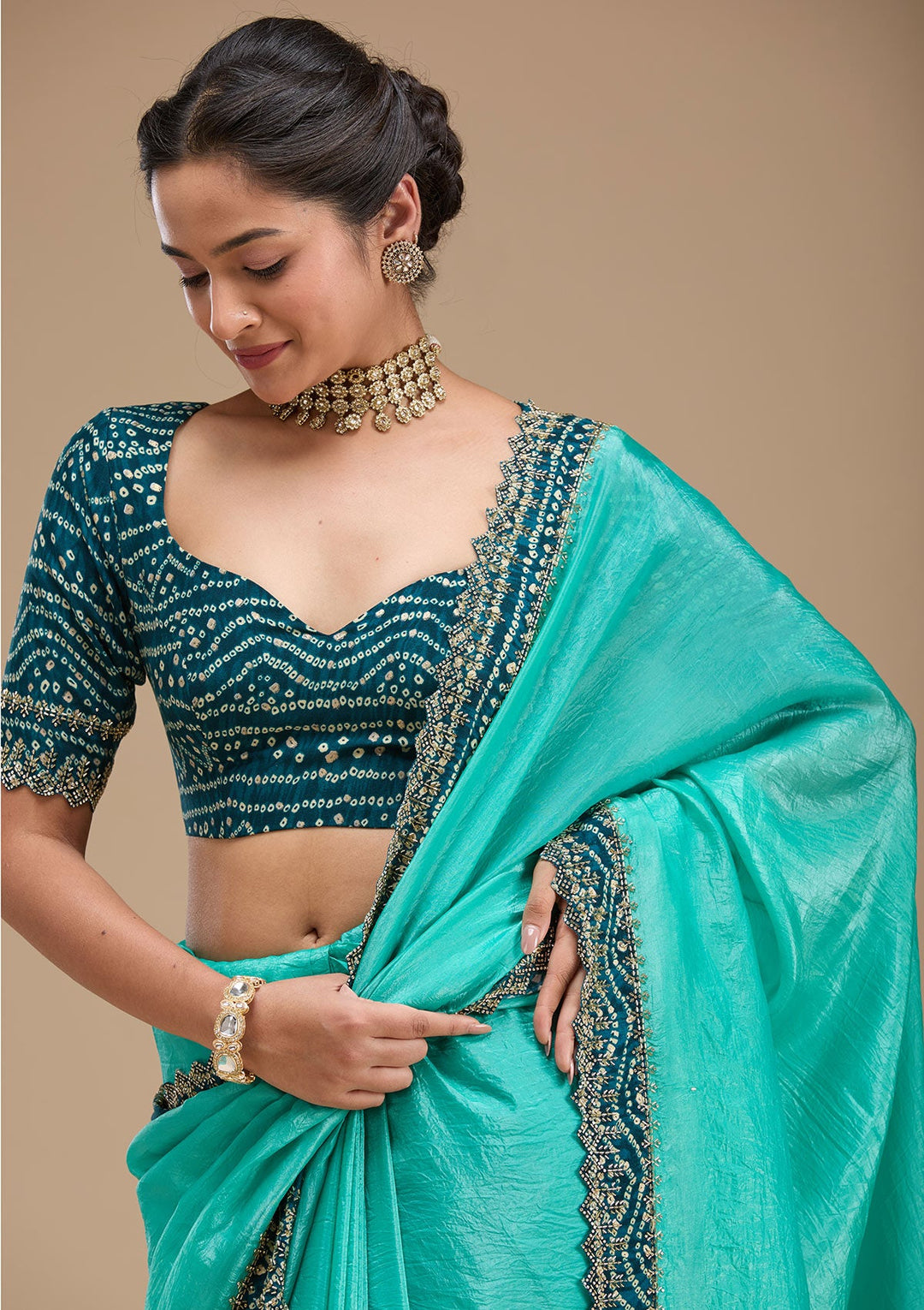 Sea Green Printed Satin Saree-koskii