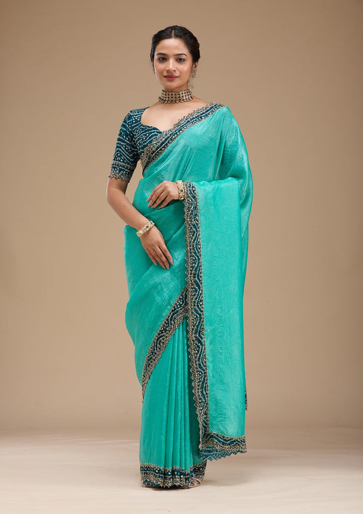 Sea Green Printed Satin Saree-koskii