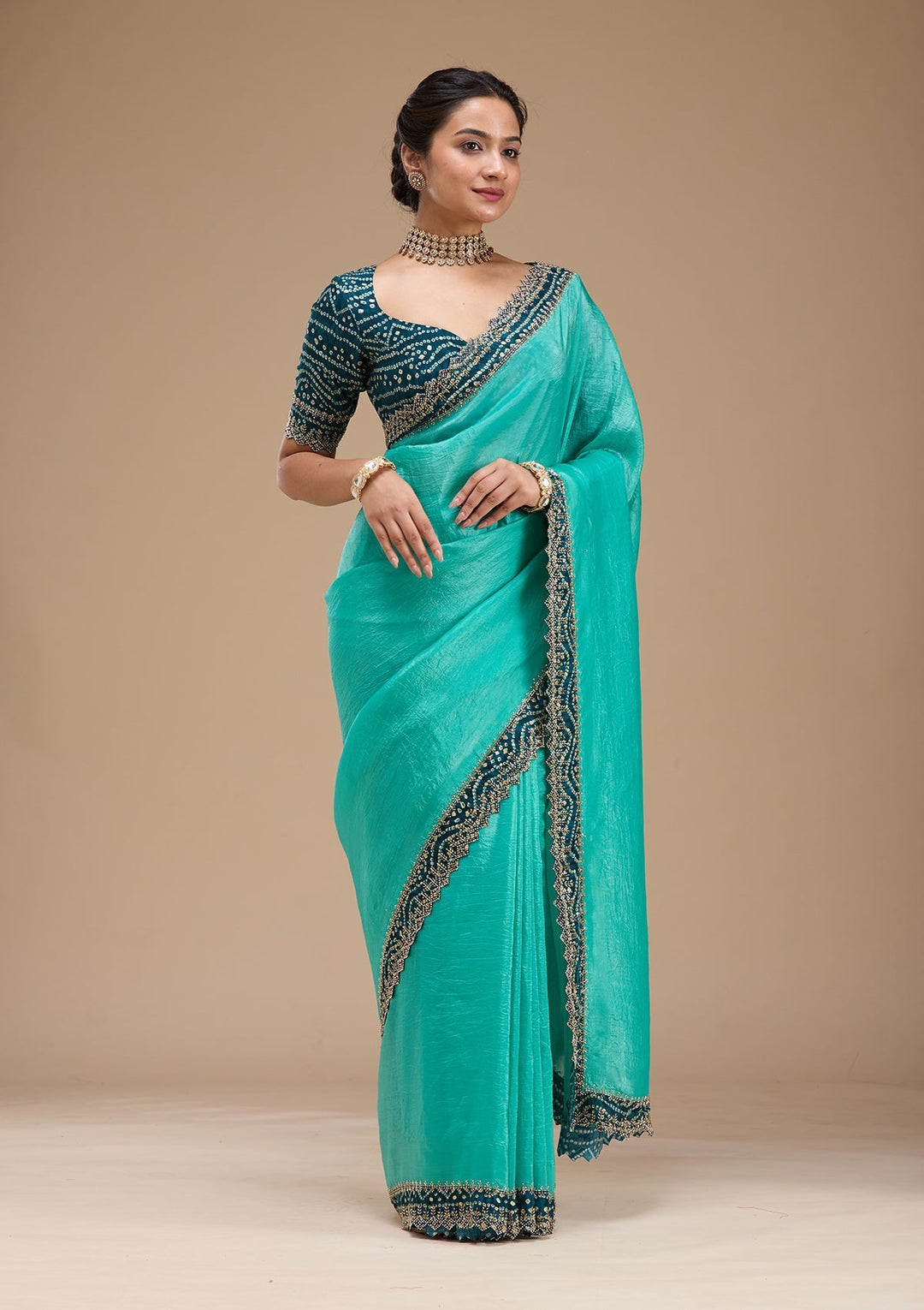 Sea Green Printed Satin Saree-koskii