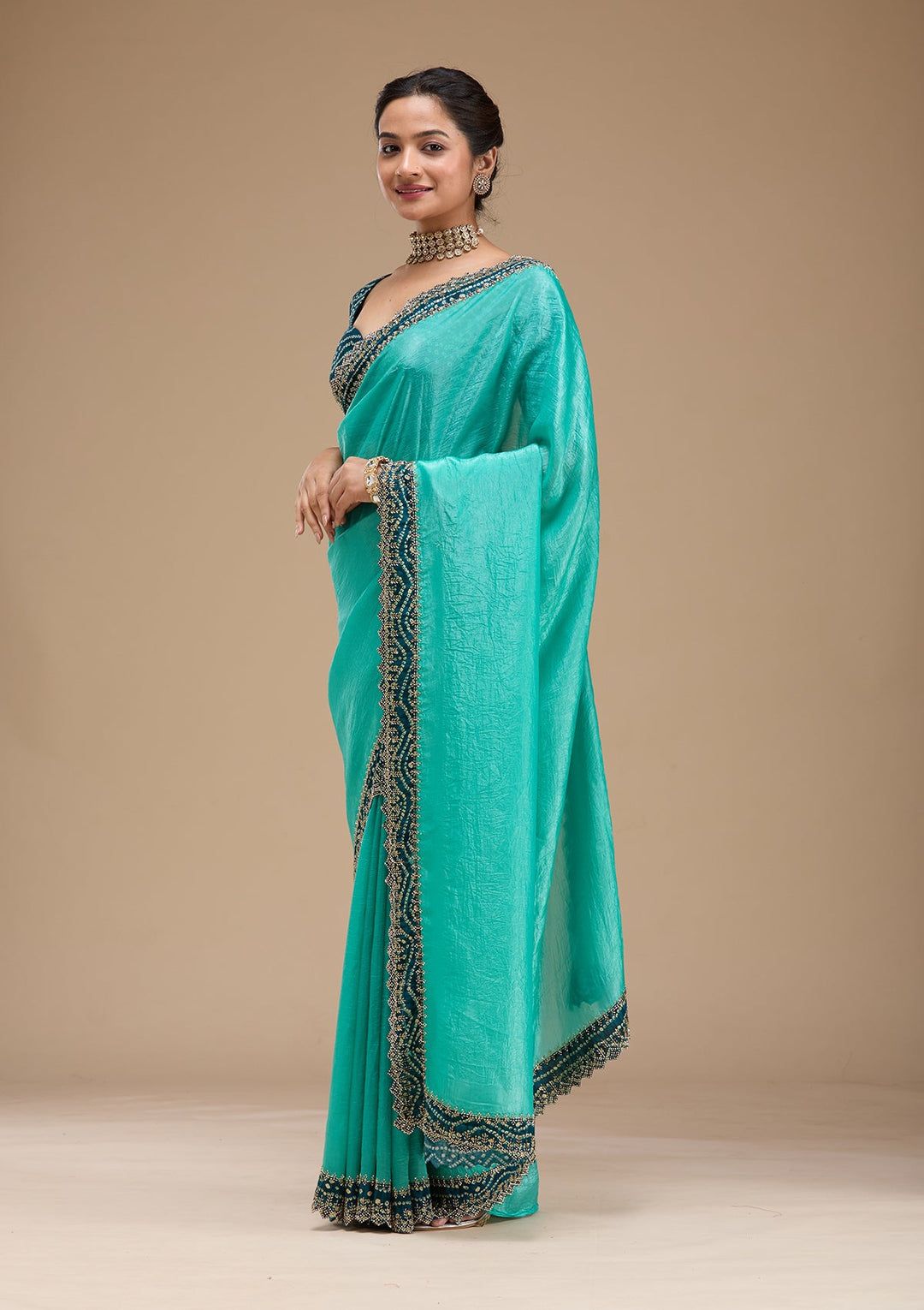 Sea Green Printed Satin Saree-koskii