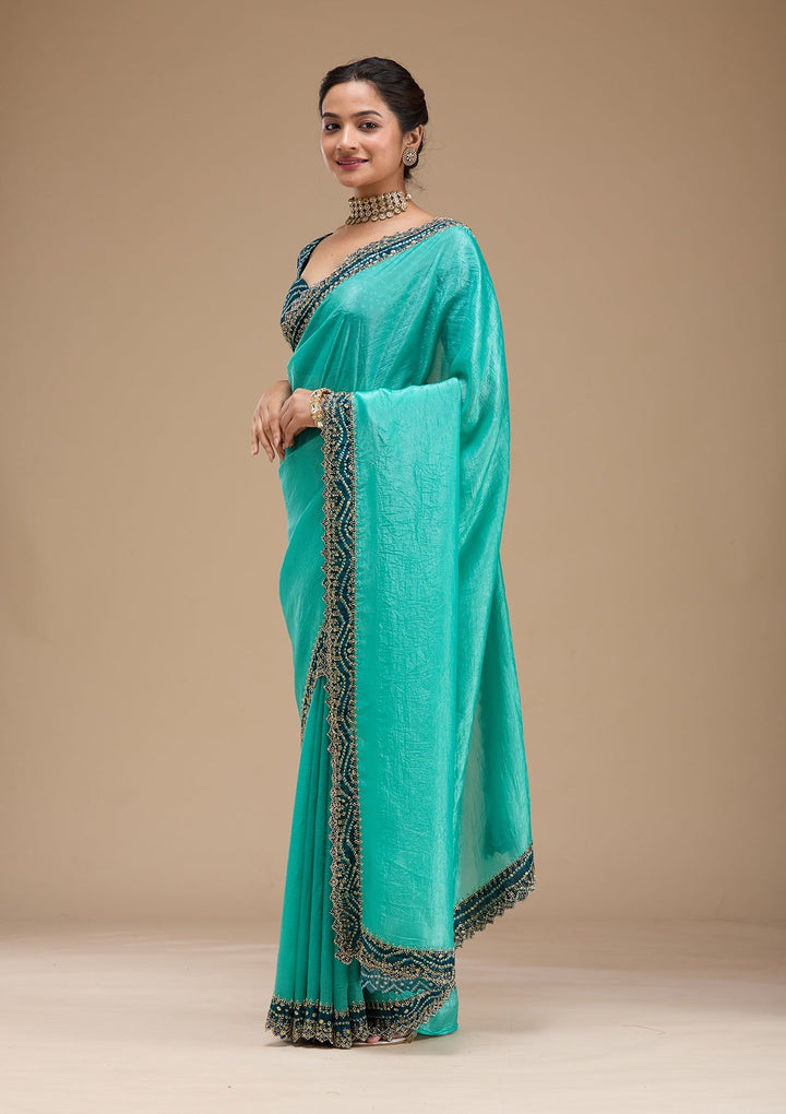 Sea Green Printed Satin Saree-koskii