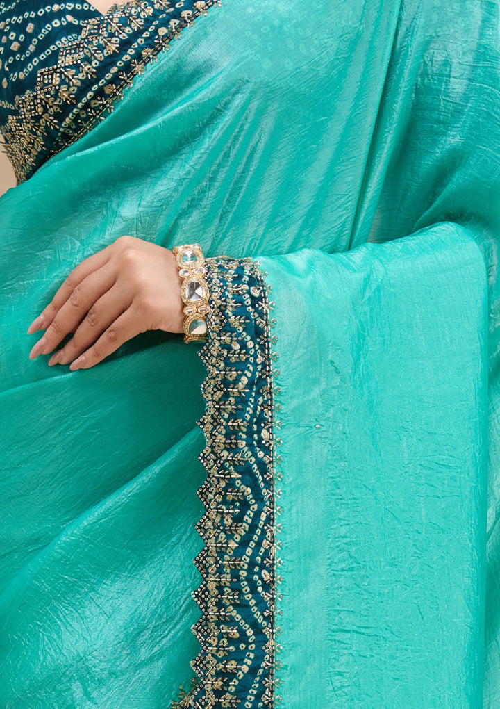 Sea Green Printed Satin Saree-koskii