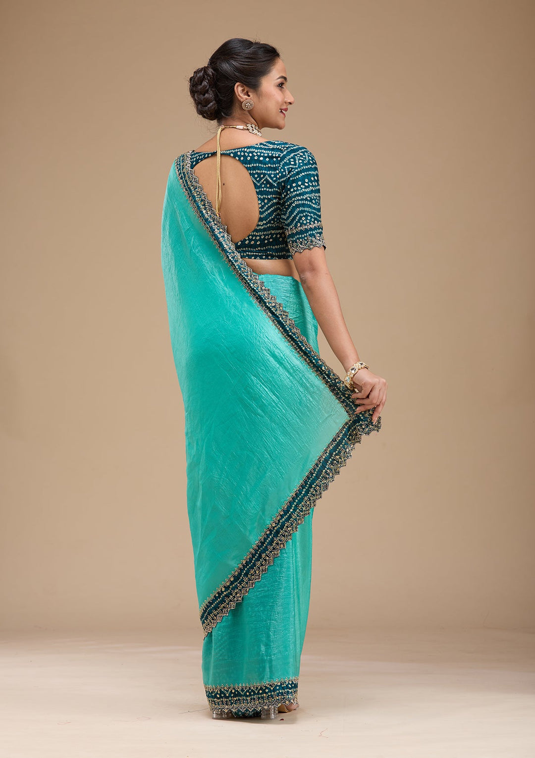 Sea Green Printed Satin Saree-koskii