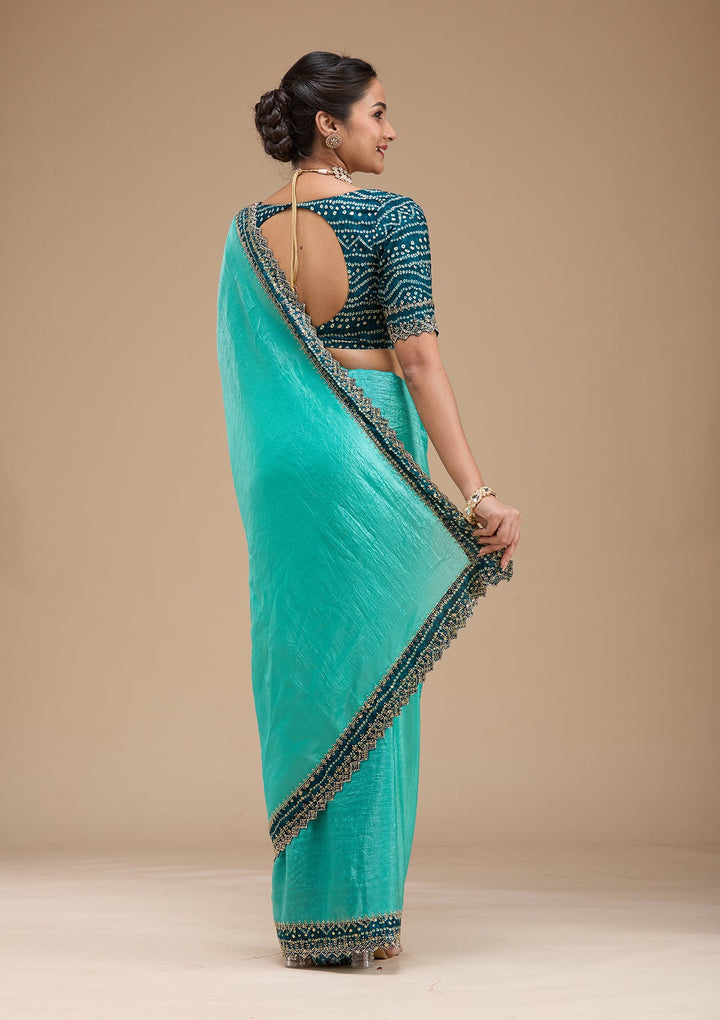 Sea Green Printed Satin Saree-koskii