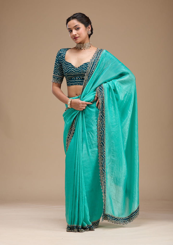 Sea Green Printed Satin Saree-koskii
