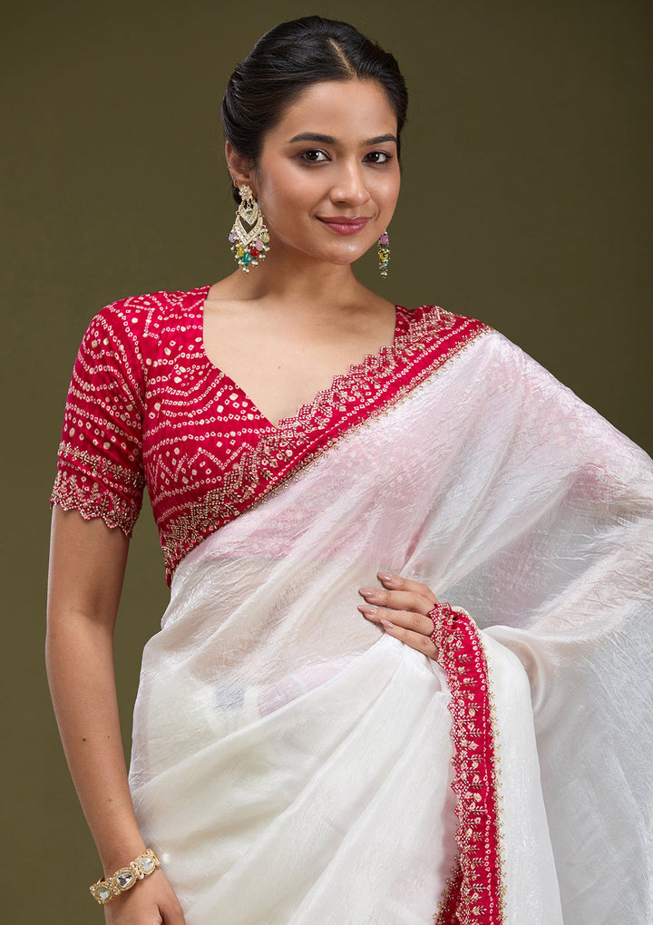 White Printed Satin Saree-koskii