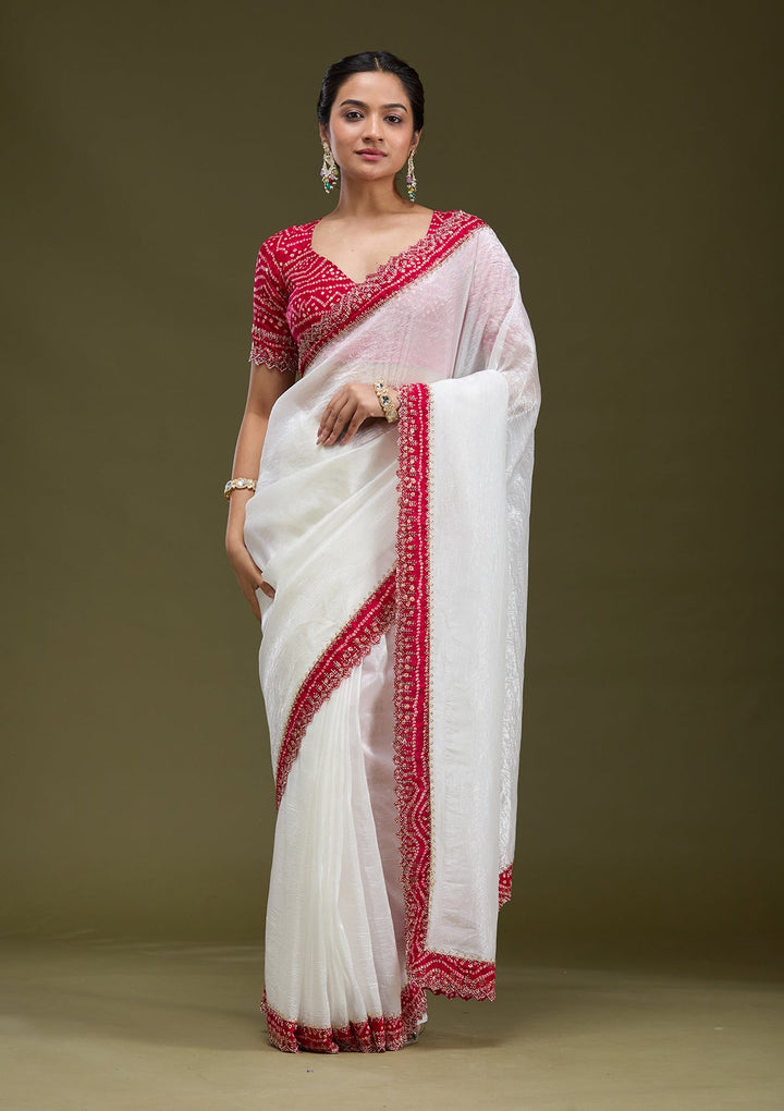 White Printed Satin Saree-koskii