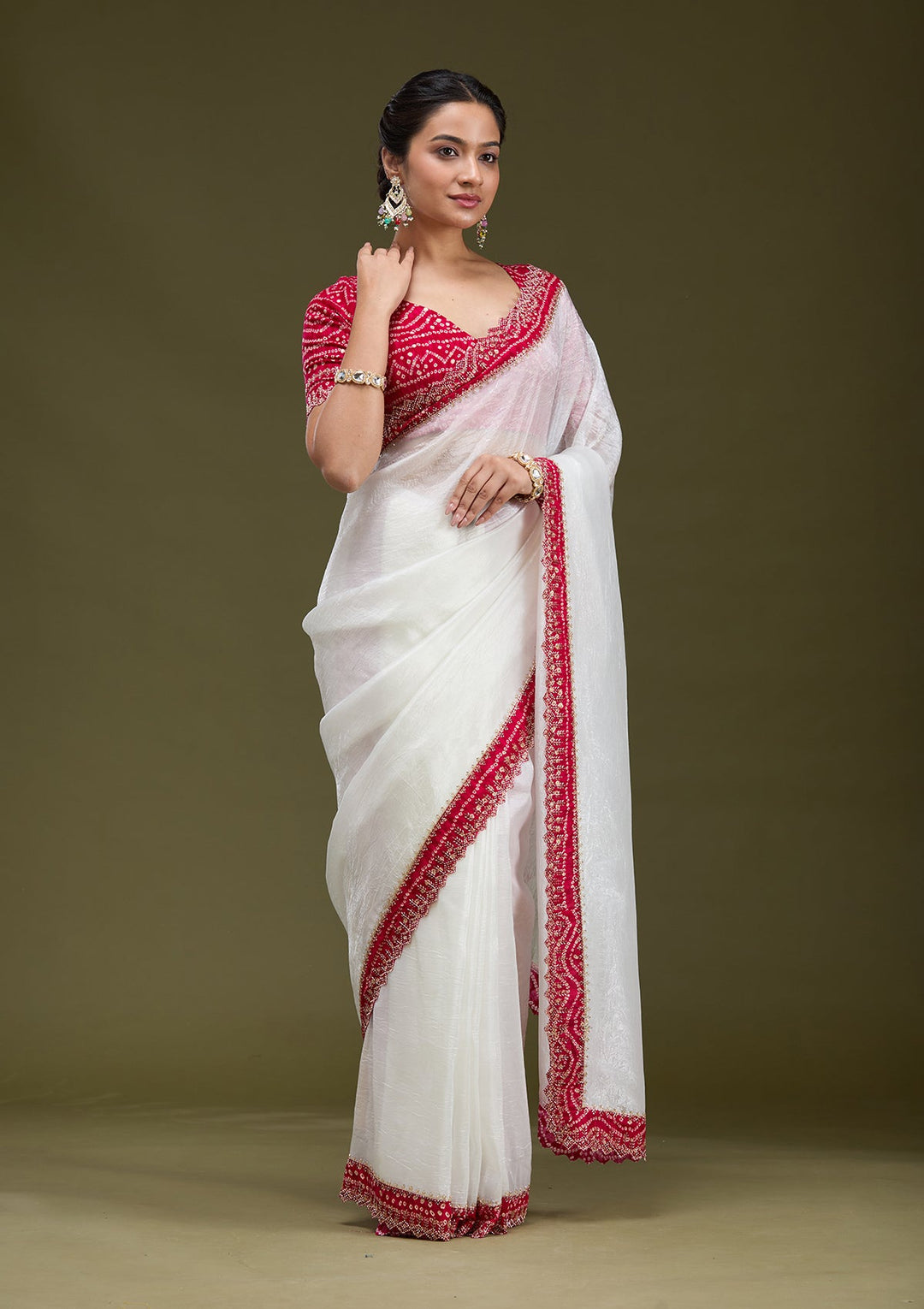 White Printed Satin Saree-koskii