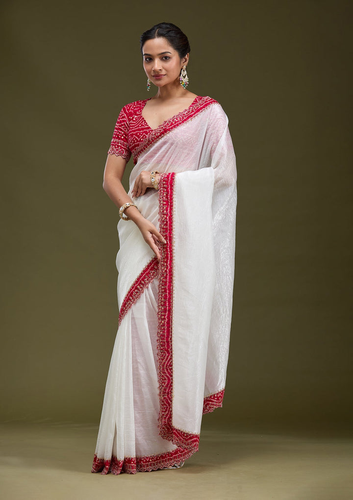 White Printed Satin Saree-koskii