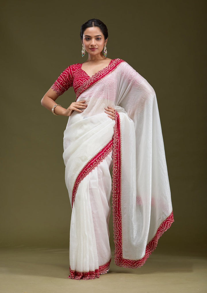 White Printed Satin Saree-koskii