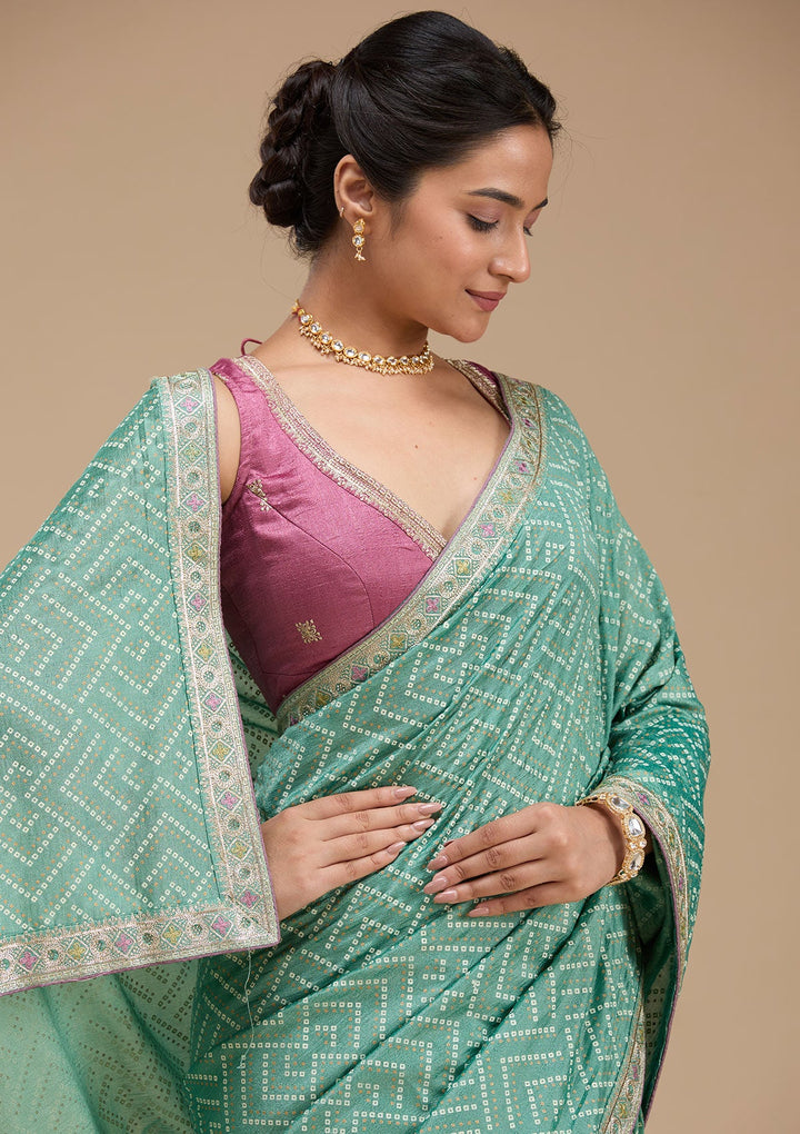 Sea Green Printed Soft Raw Silk Saree-koskii