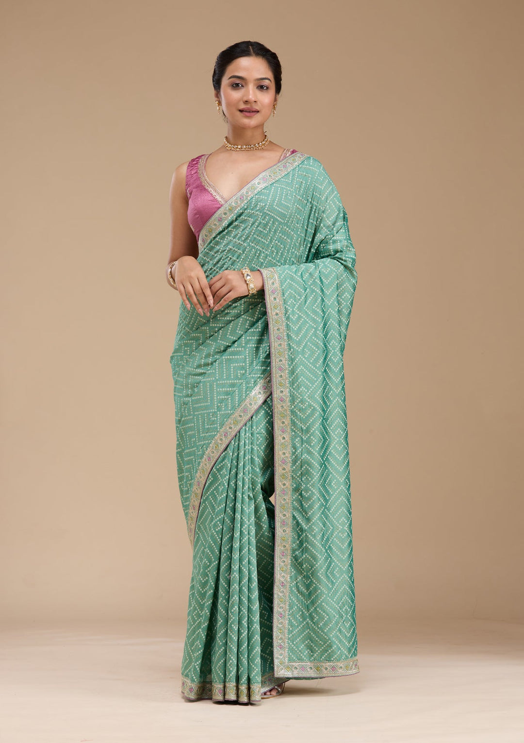 Sea Green Printed Soft Raw Silk Saree-koskii