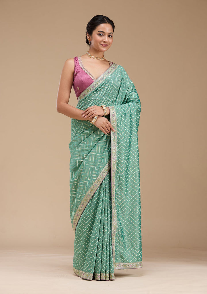 Sea Green Printed Soft Raw Silk Saree-koskii