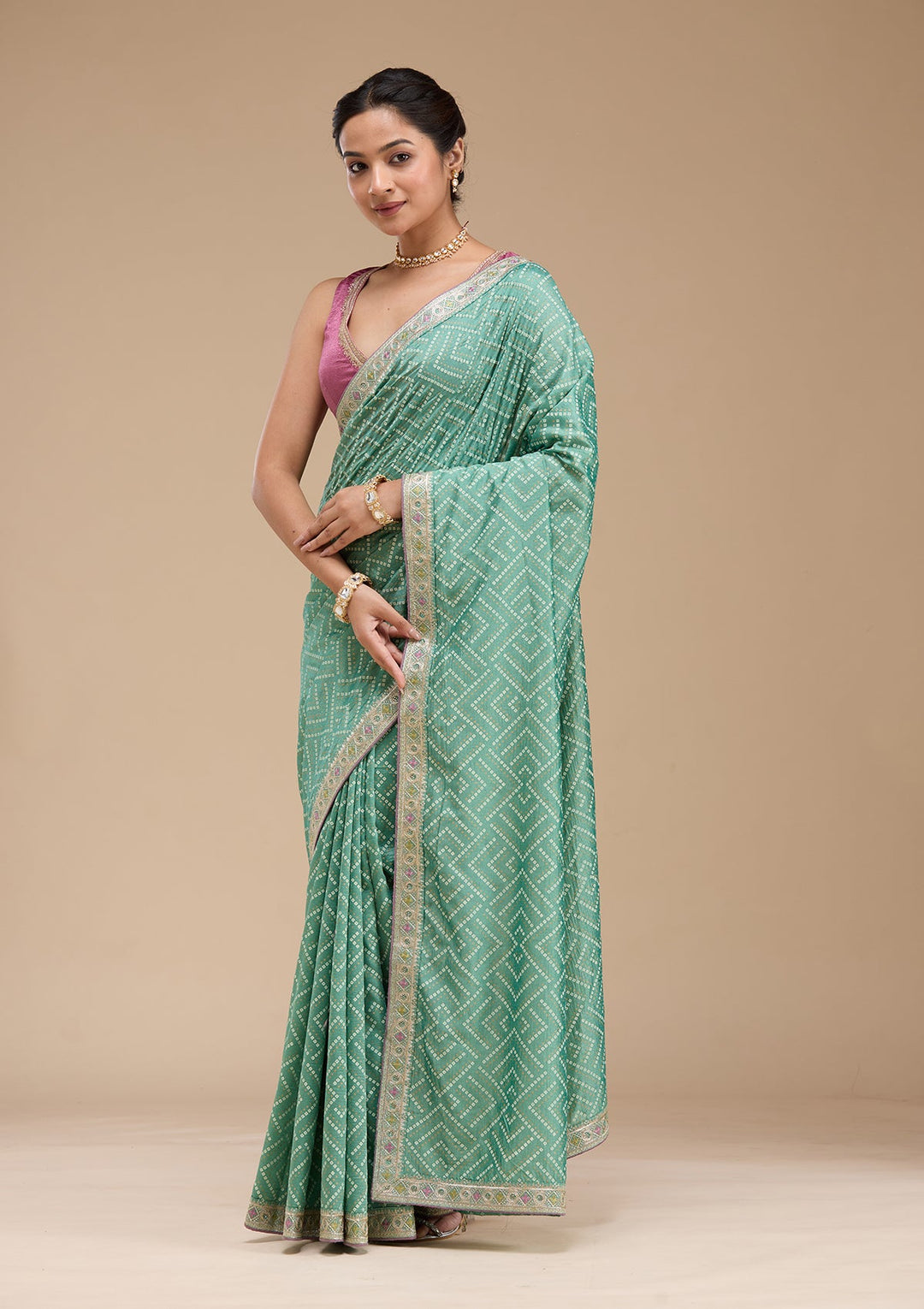 Sea Green Printed Soft Raw Silk Saree-koskii