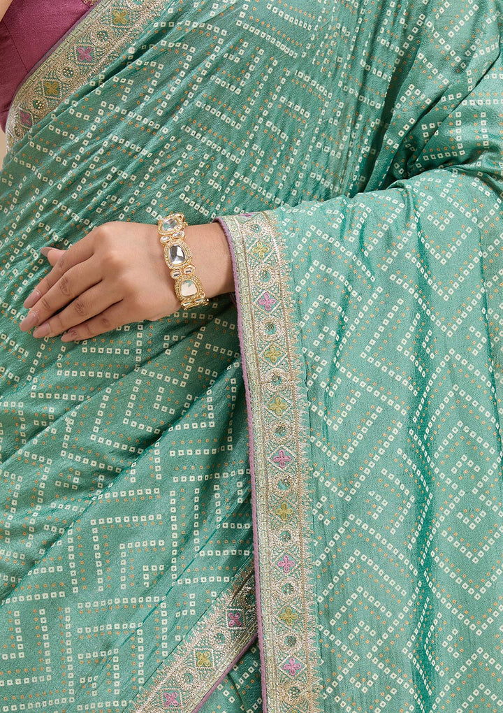 Sea Green Printed Soft Raw Silk Saree-koskii