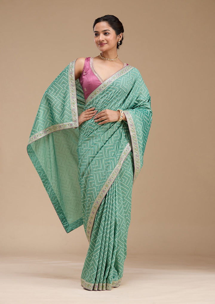 Sea Green Printed Soft Raw Silk Saree-koskii
