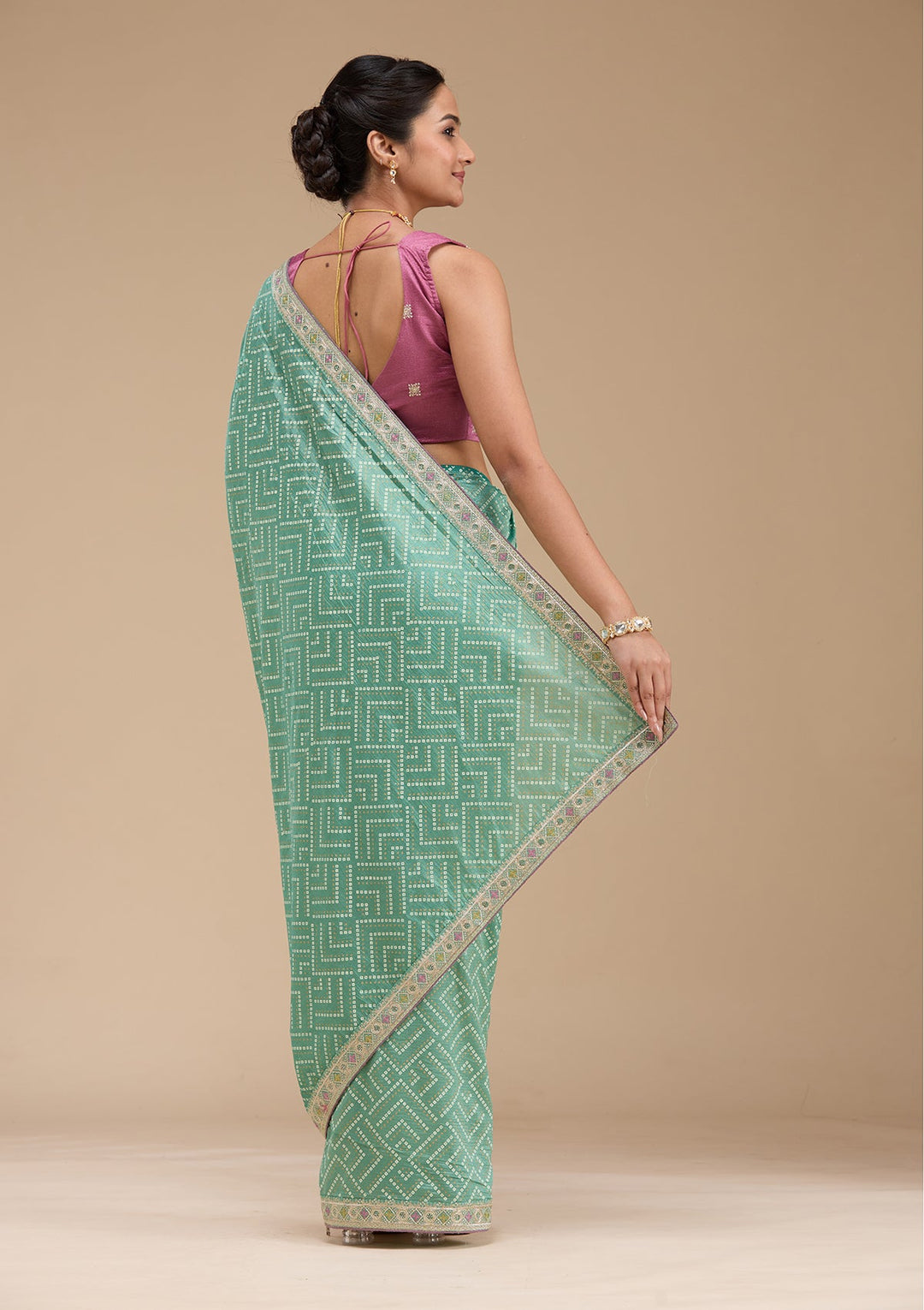 Sea Green Printed Soft Raw Silk Saree-koskii
