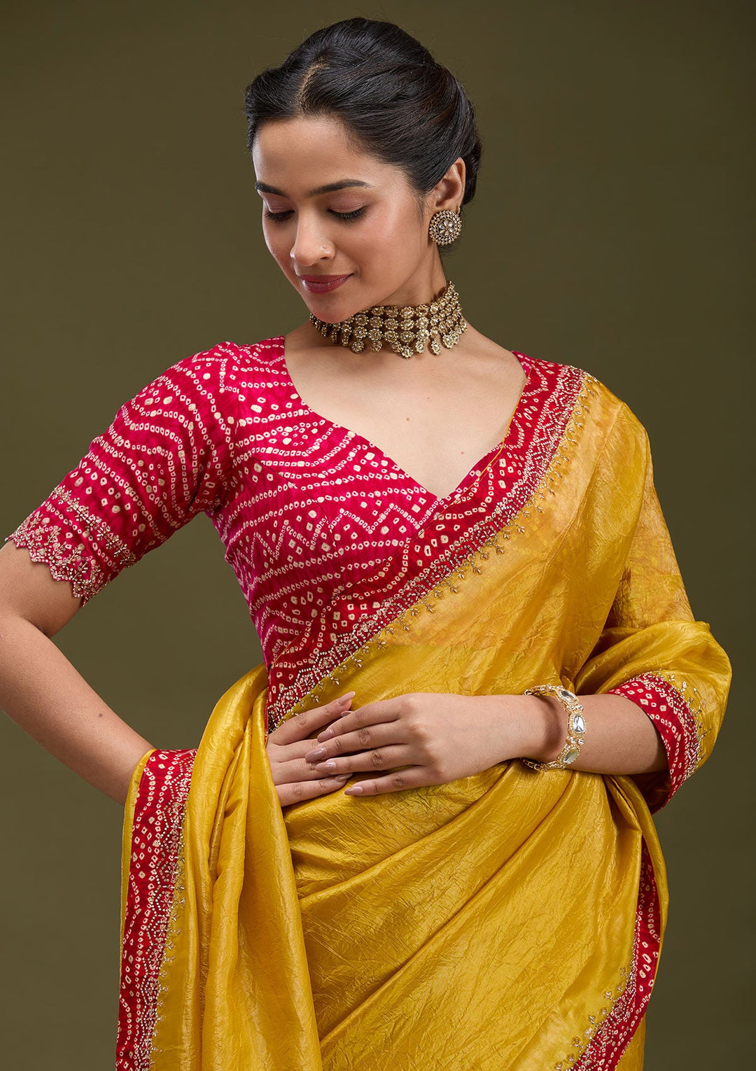 Mustard Printed Satin Saree-koskii