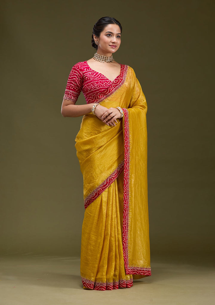Mustard Printed Satin Saree-koskii