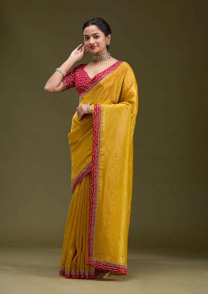 Mustard Printed Satin Saree-koskii