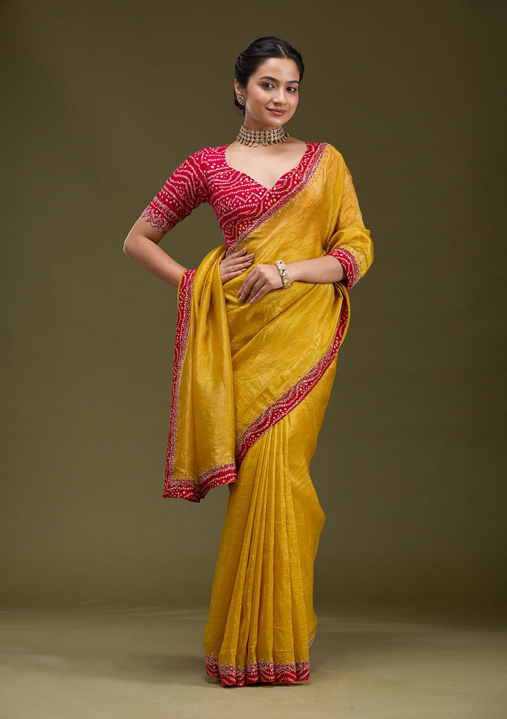 Mustard Printed Satin Saree-koskii