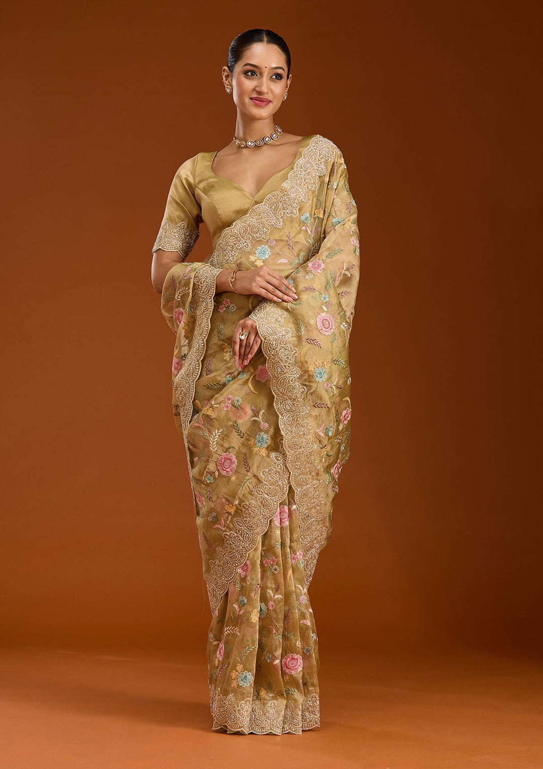 Mehendi Cording Tissue Saree-Koskii