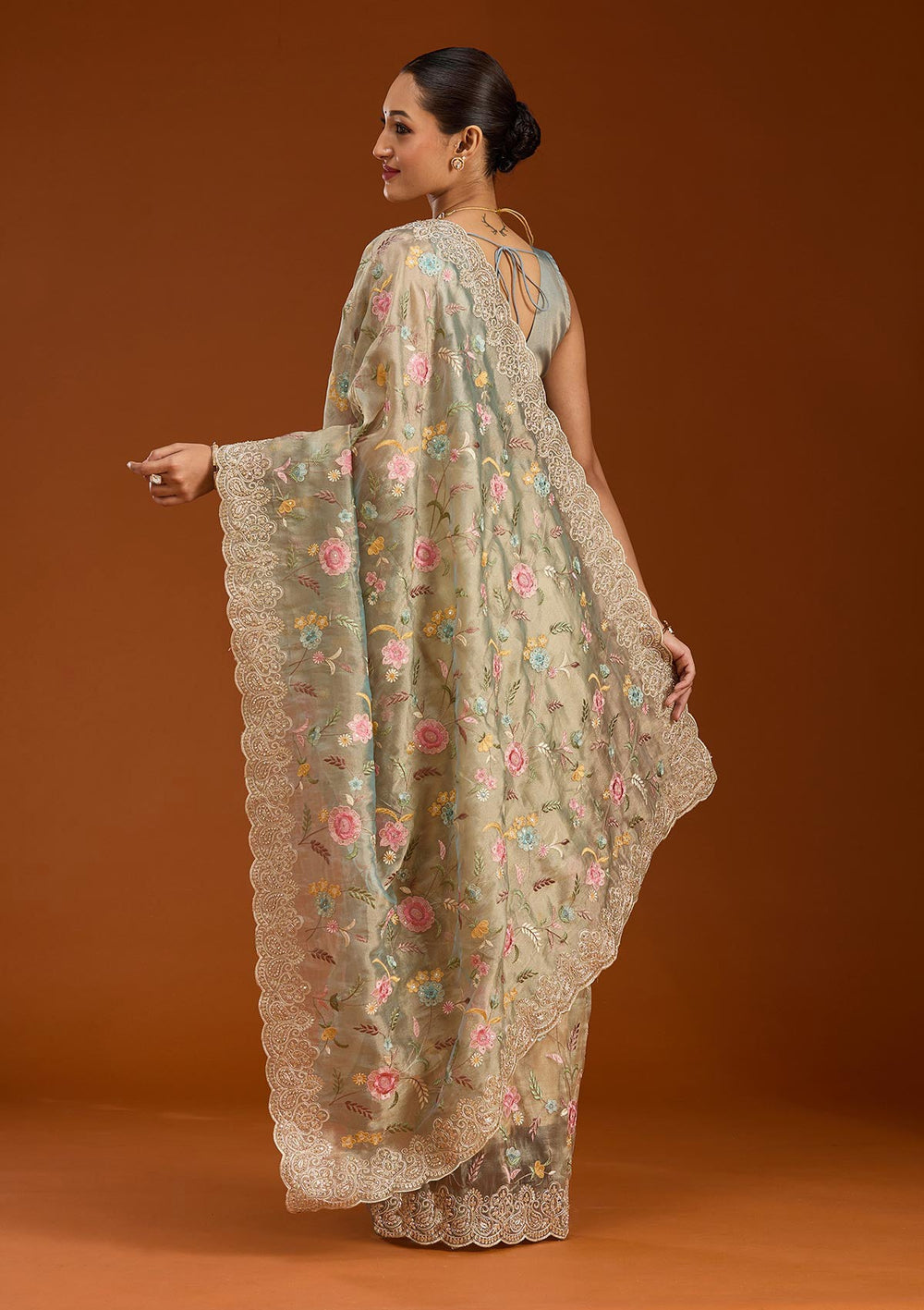 Sky Blue Cording Tissue Saree-Koskii