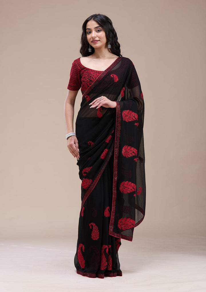 Black Threadwork Georgette Saree-koskii