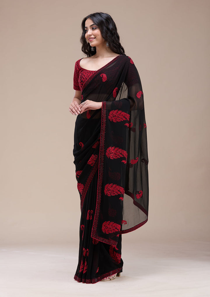 Black Threadwork Georgette Saree-koskii