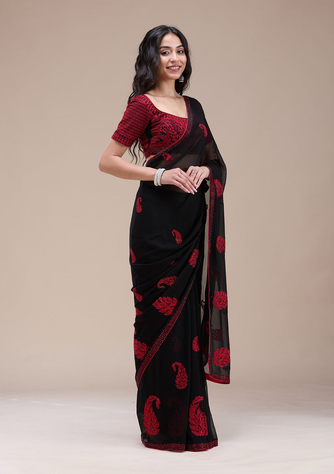 Black Threadwork Georgette Saree-koskii