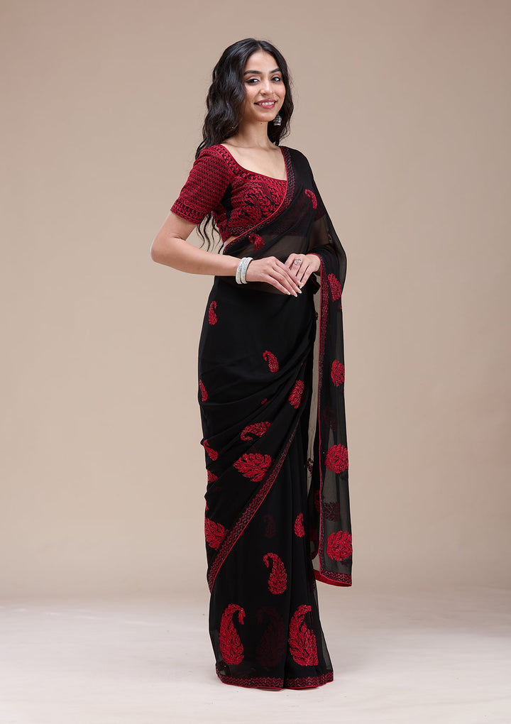 Black Threadwork Georgette Saree-koskii