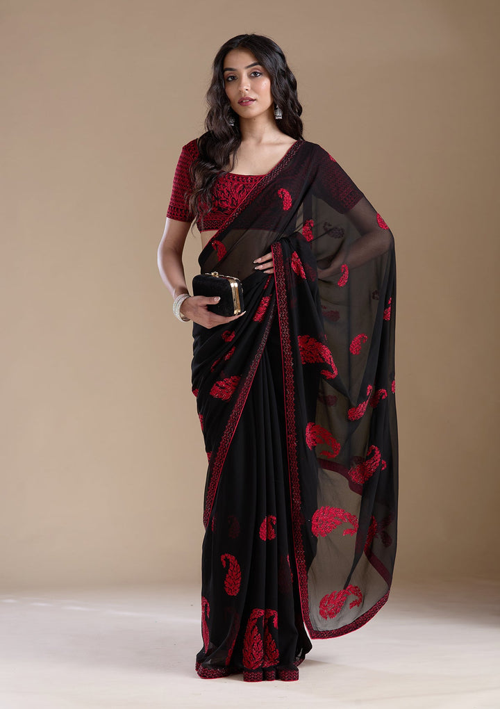 Black Threadwork Georgette Saree-koskii