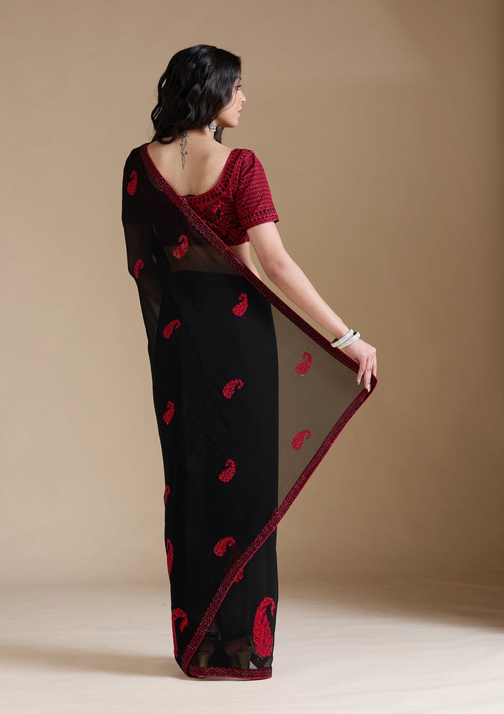 Black Threadwork Georgette Saree-koskii