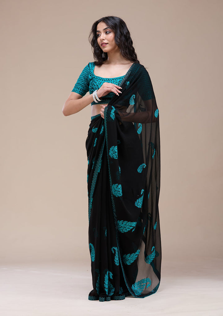 Black Threadwork Georgette Saree-koskii