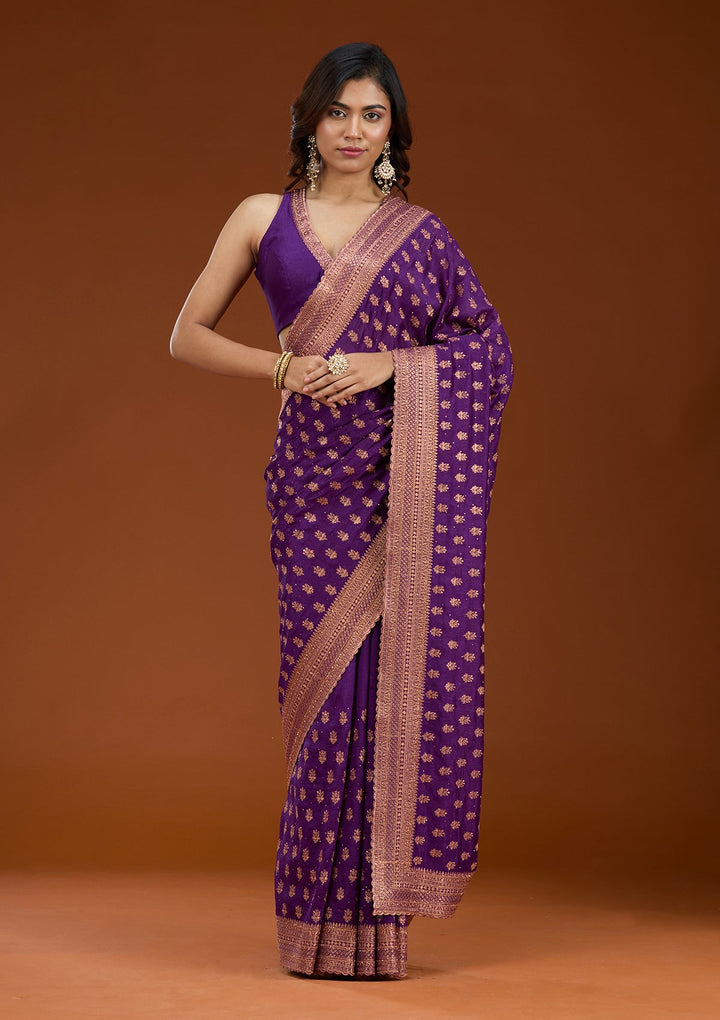 Purple Zariwork (Antique) Soft Raw Silk Saree_koskii