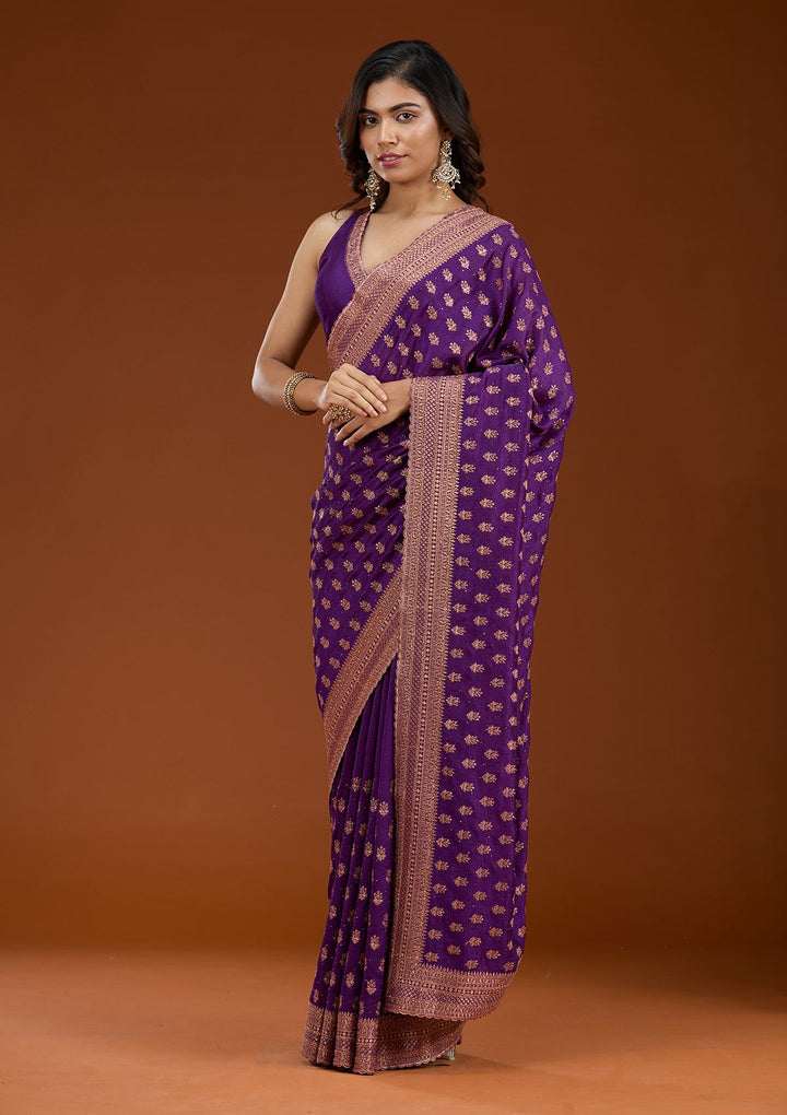 Purple Zariwork (Antique) Soft Raw Silk Saree_koskii
