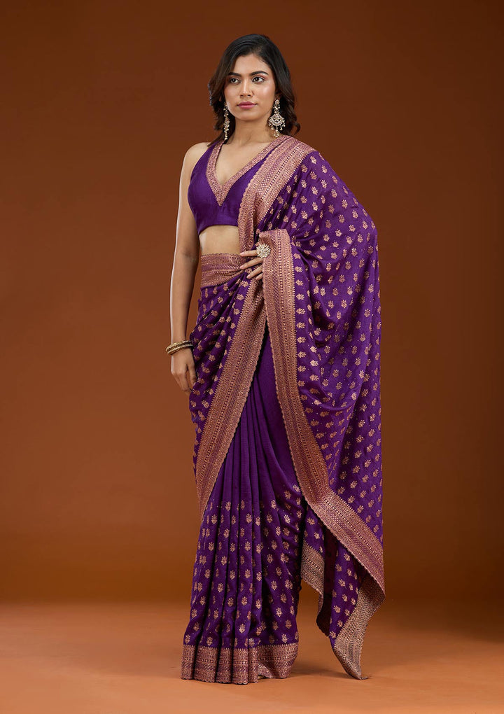 Purple Zariwork (Antique) Soft Raw Silk Saree_koskii