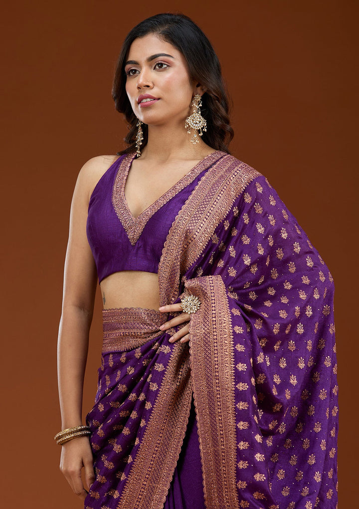 Purple Zariwork (Antique) Soft Raw Silk Saree_koskii