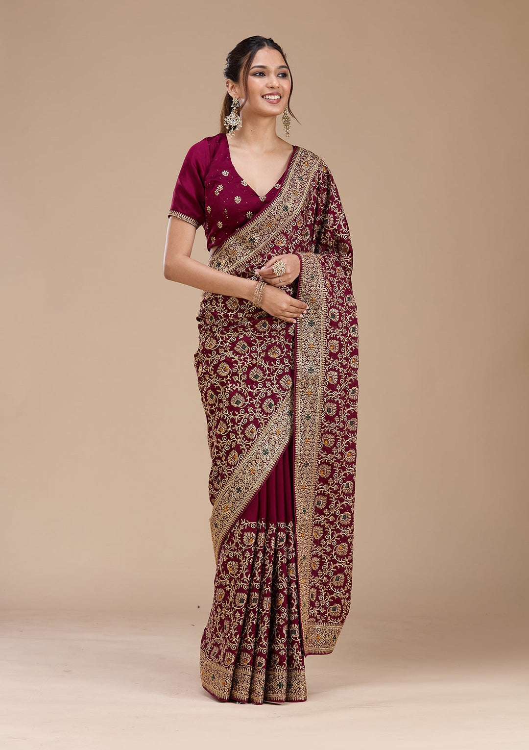 Wine Zariwork (Gold) Soft Raw Silk Saree_koskii