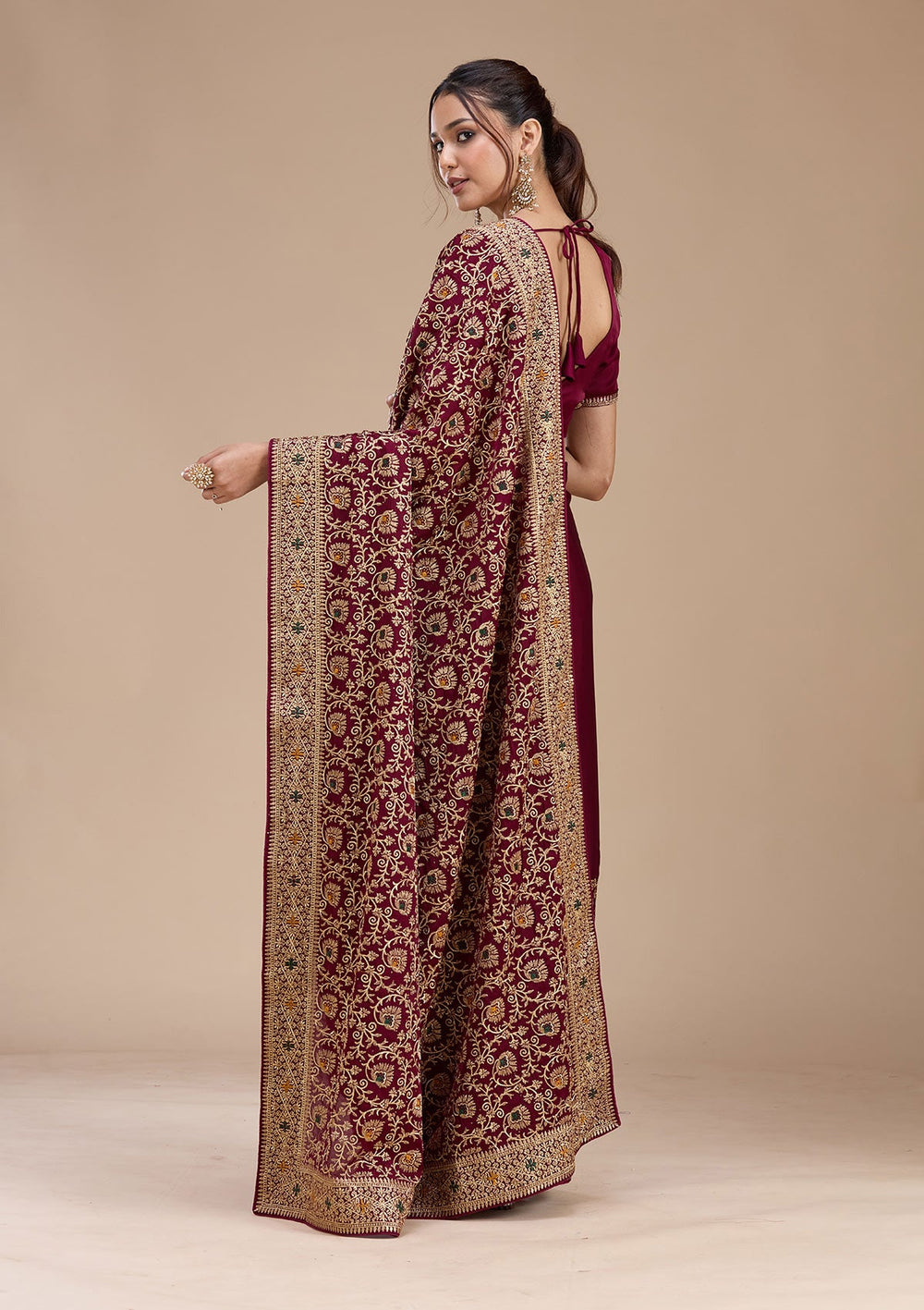 Wine Zariwork (Gold) Soft Raw Silk Saree_koskii