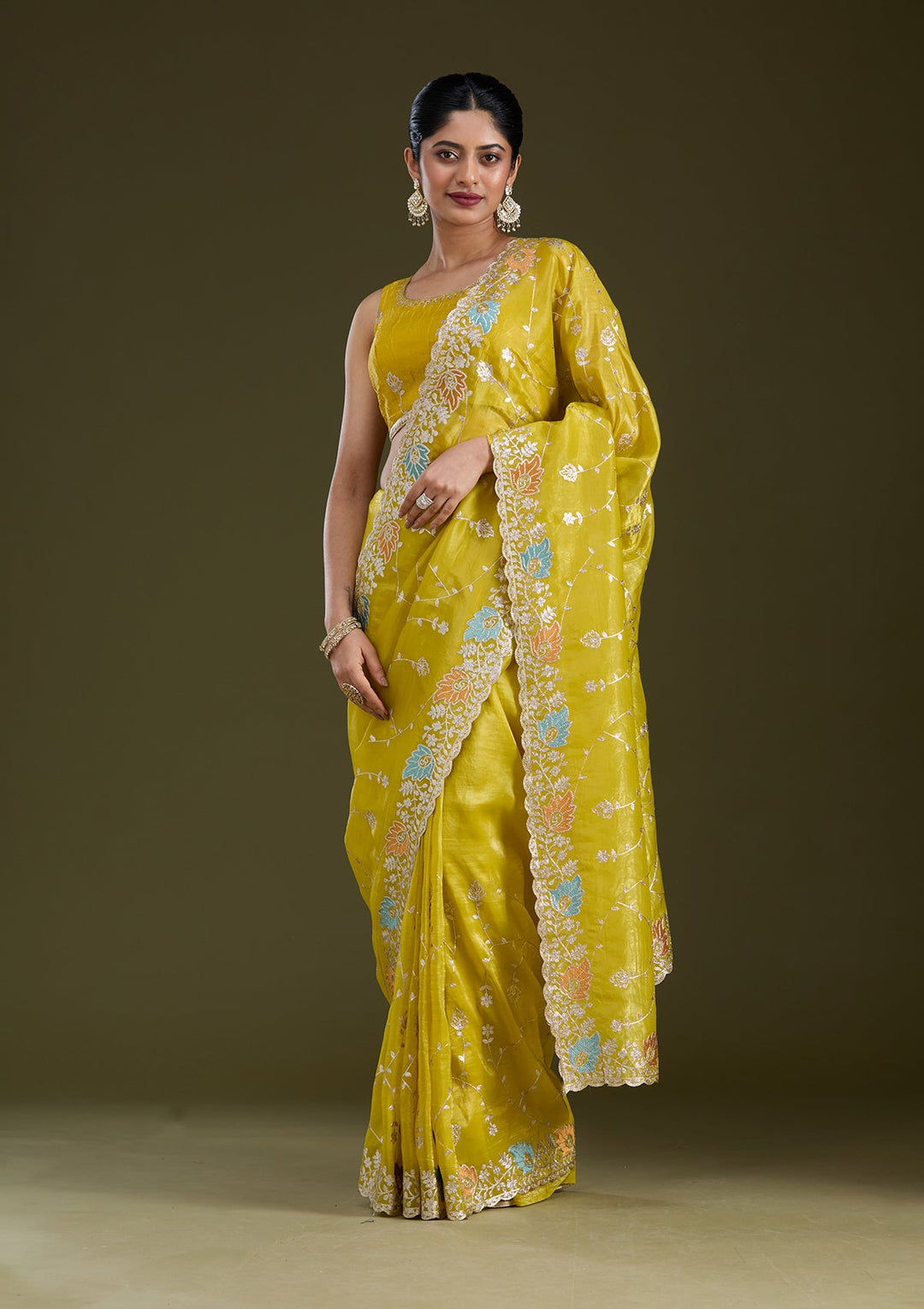 Mustard Gotapatti Organza Saree_koskii