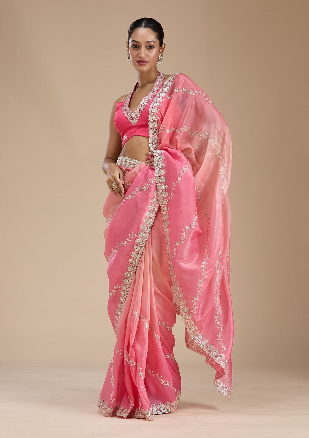 Gajari Pink Gotapatti Crepe Saree-Koskii
