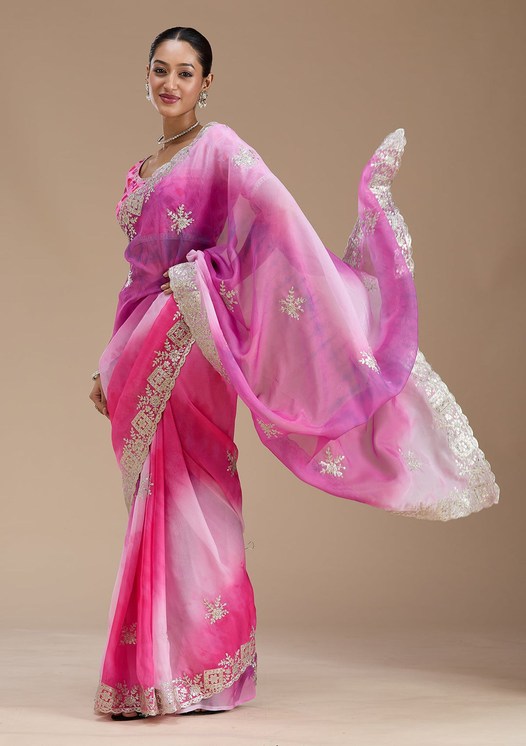 Pink Gotapatti Crepe Saree-Koskii