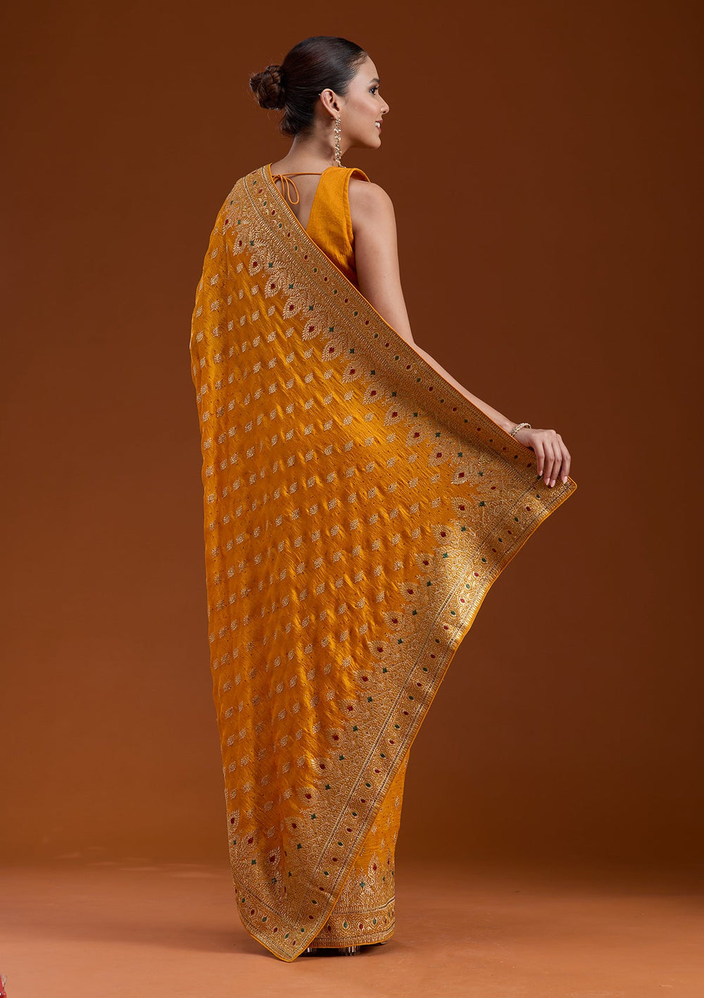 Mustard Zariwork (Gold) Soft Raw Silk Saree-koskii